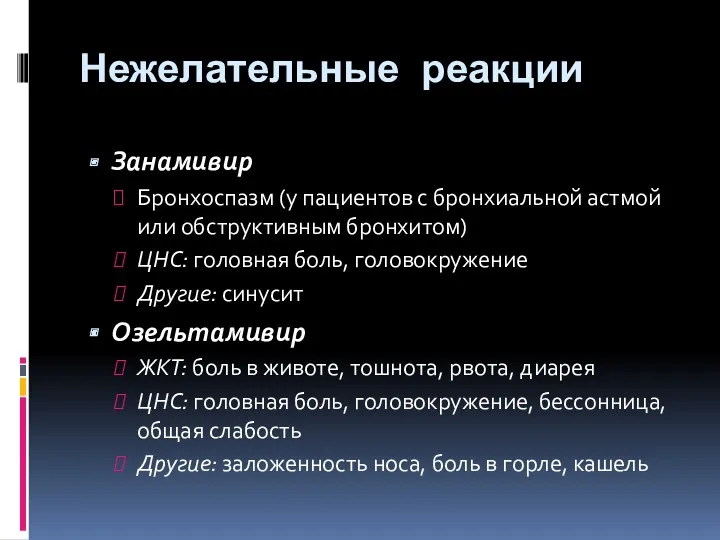 Нежелательные реакции Занамивир Бронхоспазм (у пациентов с бронхиальной астмой или