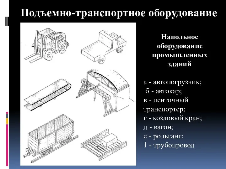 Подъемно-транспортное оборудование Напольное оборудование промышленных зданий а - автопогрузчик; б