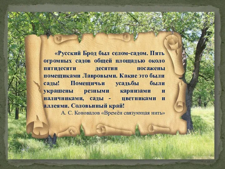 «Русский Брод был селом-садом. Пять огромных садов общей площадью около пятидесяти десятин посажены