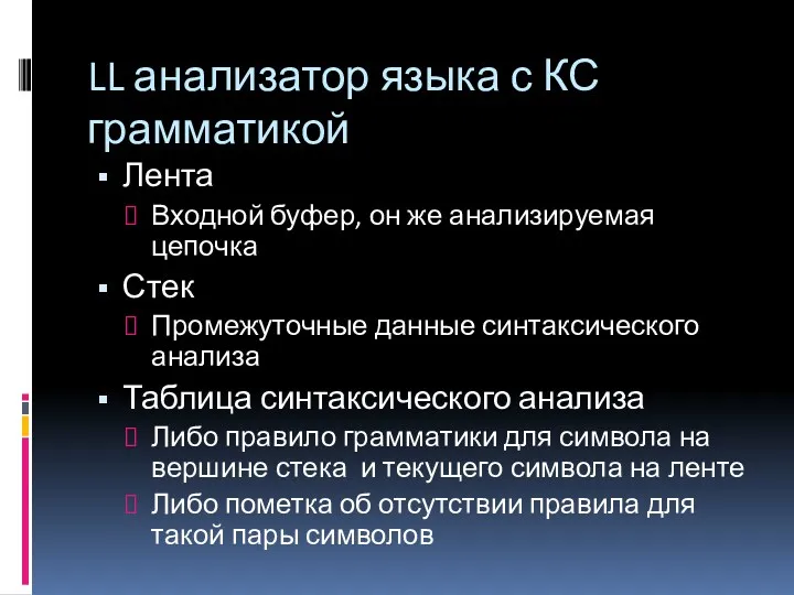 LL анализатор языка с КС грамматикой Лента Входной буфер, он