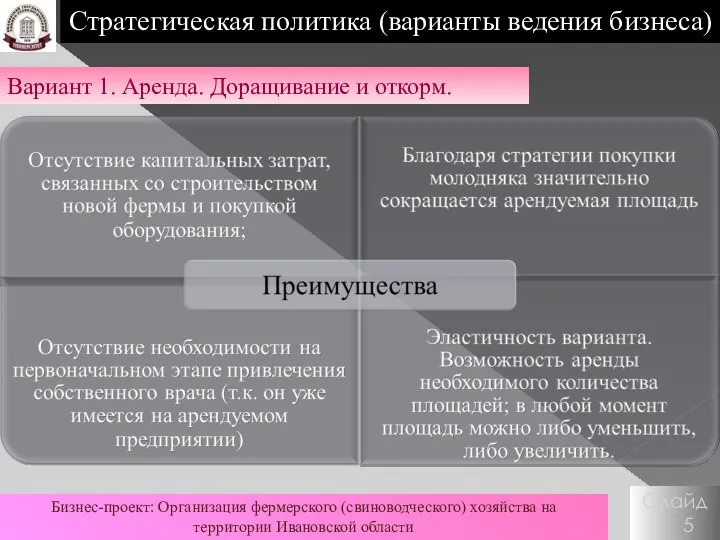 Слайд 5 Стратегическая политика (варианты ведения бизнеса) Вариант 1. Аренда.