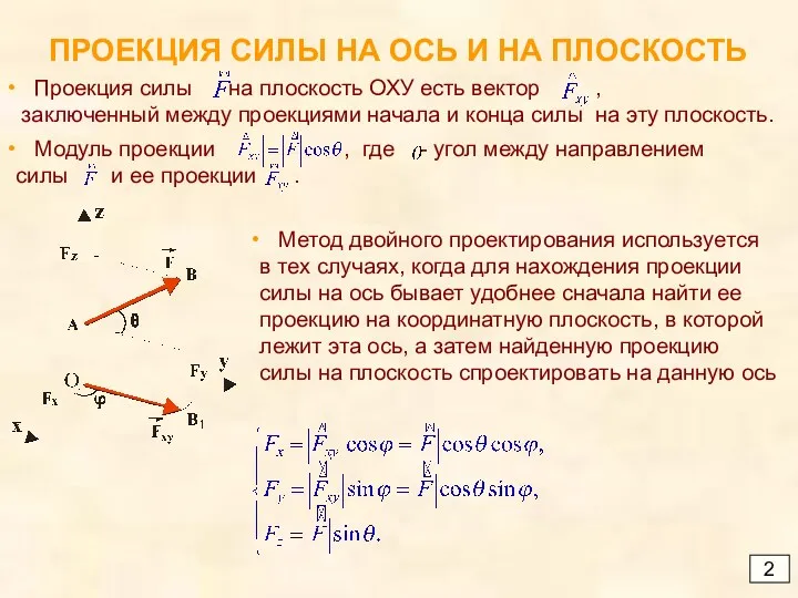 ПРОЕКЦИЯ СИЛЫ НА ОСЬ И НА ПЛОСКОСТЬ 2 Метод двойного