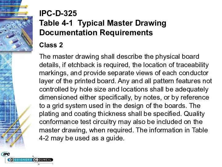 IPC-D-325 Table 4-1 Typical Master Drawing Documentation Requirements Class 2