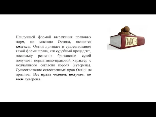 Наилучшей формой выражения правовых норм, по мнению Остина, являются кодексы.