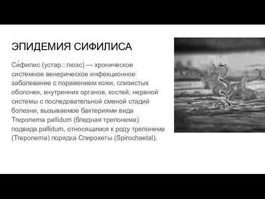 ЭПИДЕМИЯ СИФИЛИСА Си́филис (устар.: люэс) — хроническое системное венерическое инфекционное