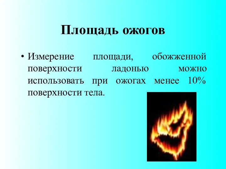 Площадь ожогов Измерение площади, обожженной поверхности ладонью можно использовать при ожогах менее 10% поверхности тела.