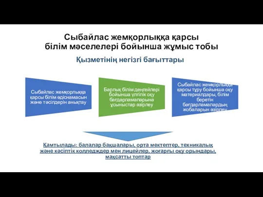 Сыбайлас жемқорлыққа қарсы білім мәселелері бойынша жұмыс тобы Қызметінің негізгі