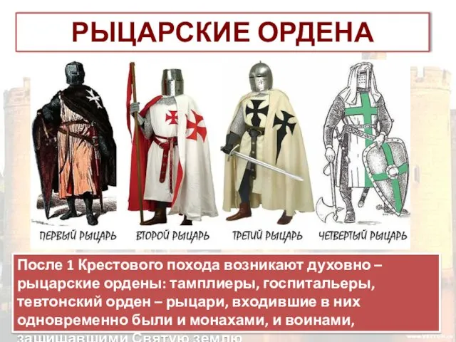 РЫЦАРСКИЕ ОРДЕНА После 1 Крестового похода возникают духовно – рыцарские