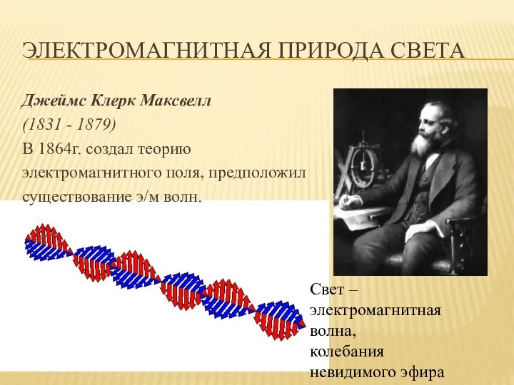 ЭЛЕКТРОМАГНИТНАЯ ПРИРОДА СВЕТА Джеймс Клерк Максвелл (1831 - 1879) В