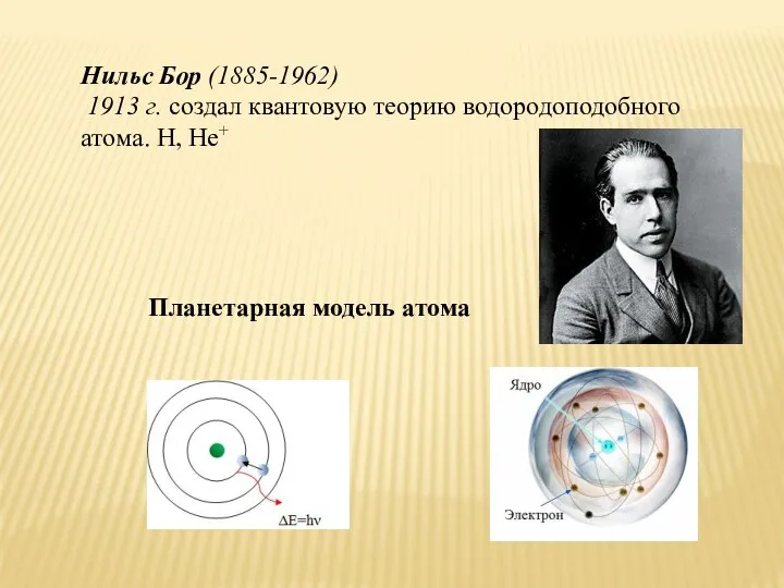 Нильс Бор (1885-1962) 1913 г. создал квантовую теорию водородоподобного атома. Н, Не+ Планетарная модель атома