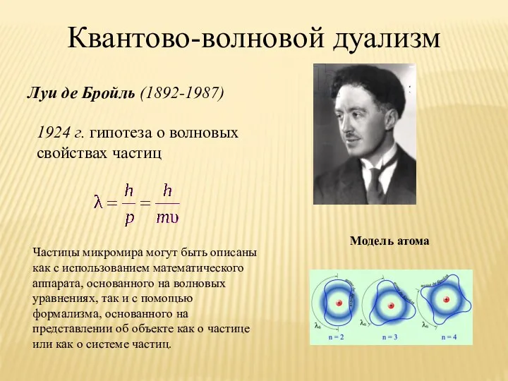 1924 г. гипотеза о волновых свойствах частиц Луи де Бройль