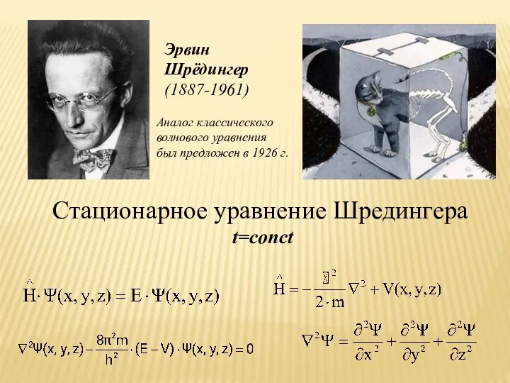 Стационарное уравнение Шредингера t=conct Эрвин Шрёдингер (1887-1961) Аналог классического волнового уравнения был предложен в 1926 г.