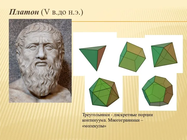 Платон (V в.до н.э.) Треугольники - дискретные порции континуума. Многогранники – «молекулы»