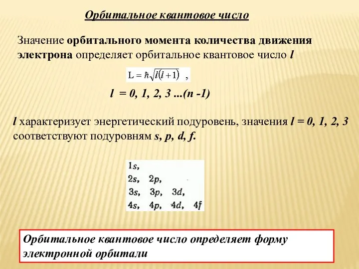 Орбитальное квантовое число l = 0, 1, 2, 3 ...(n