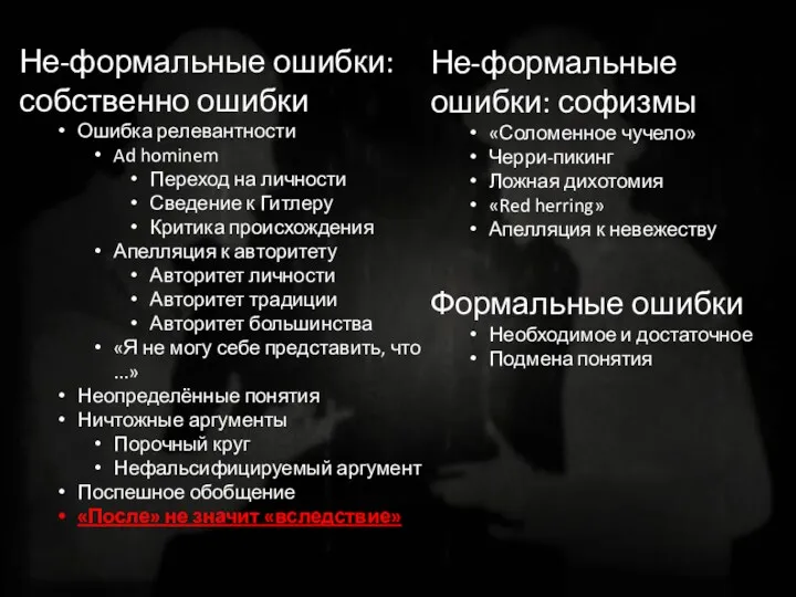 Не-формальные ошибки: собственно ошибки Ошибка релевантности Ad hominem Переход на