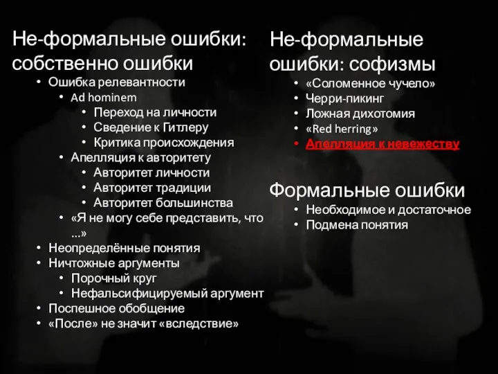 Не-формальные ошибки: собственно ошибки Ошибка релевантности Ad hominem Переход на