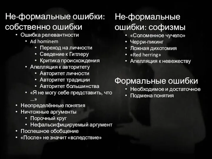 Не-формальные ошибки: собственно ошибки Ошибка релевантности Ad hominem Переход на