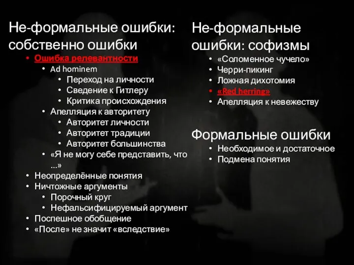 Не-формальные ошибки: собственно ошибки Ошибка релевантности Ad hominem Переход на