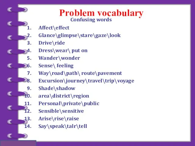 Problem vocabulary Confusing words Affect\effect Glance\glimpse\stare\gaze\look Drive\ride Dress\wear\ put on