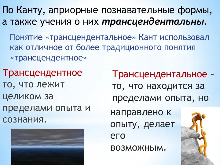 Трансцендентное – то, что лежит целиком за пределами опыта и