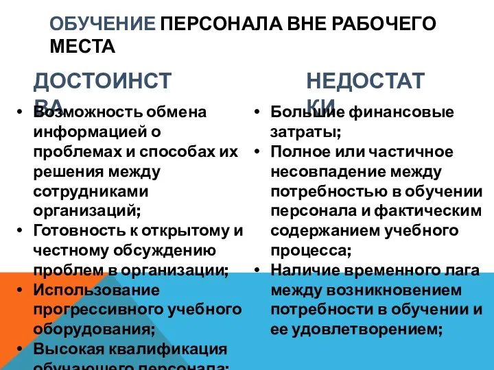 ОБУЧЕНИЕ ПЕРСОНАЛА ВНЕ РАБОЧЕГО МЕСТА ДОСТОИНСТВА НЕДОСТАТКИ Возможность обмена информацией