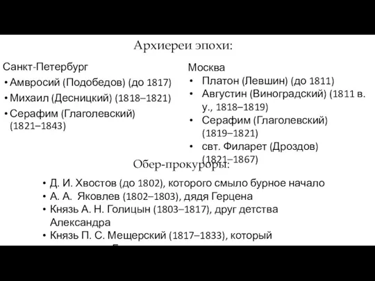 Архиереи эпохи: Санкт-Петербург Амвросий (Подобедов) (до 1817) Михаил (Десницкий) (1818–1821)