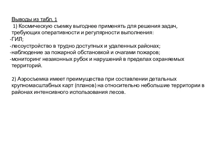 Выводы из табл. 1 1) Космическую съемку выгоднее применять для