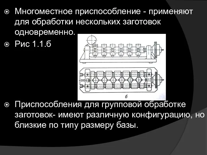 Многоместное приспособление - применяют для обработки нескольких заготовок одновременно. Рис