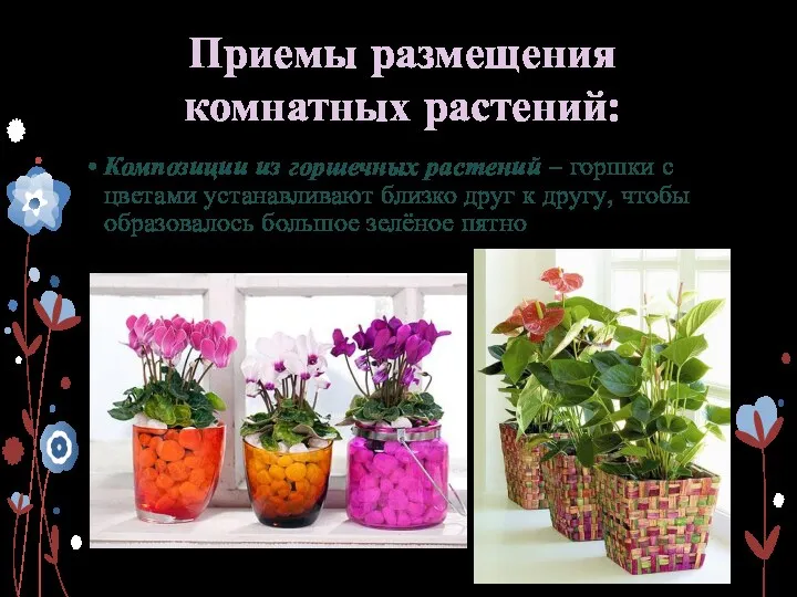 Приемы размещения комнатных растений: Композиции из горшечных растений – горшки с цветами устанавливают