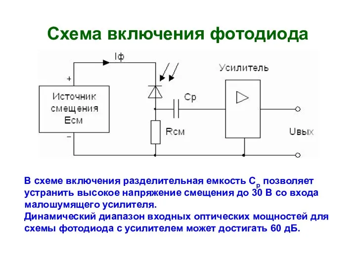 Схема включения фотодиода В схеме включения разделительная емкость Ср позволяет