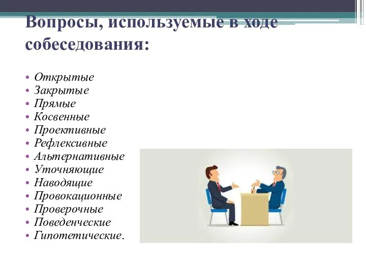 Вопросы, используемые в ходе собеседования: Открытые Закрытые Прямые Косвенные Проективные