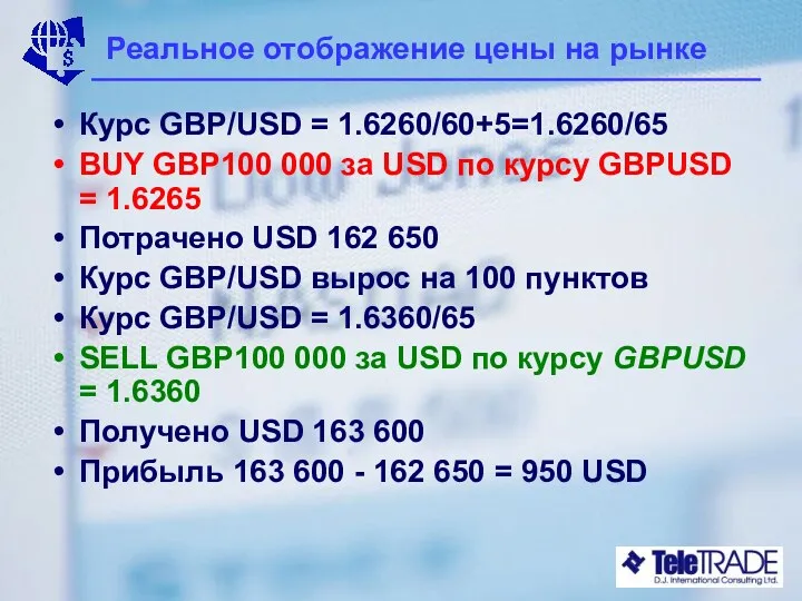 Реальное отображение цены на рынке Курс GBP/USD = 1.6260/60+5=1.6260/65 BUY GBP100 000 за