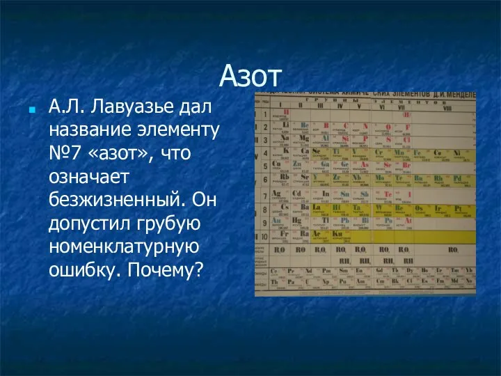 Азот А.Л. Лавуазье дал название элементу №7 «азот», что означает