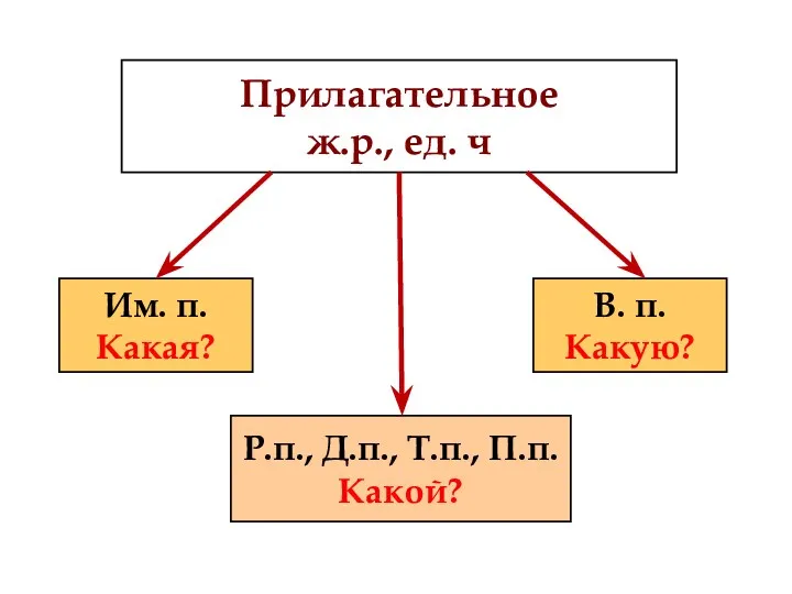 Прилагательное ж.р., ед. ч Им. п. Какая? В. п. Какую? Р.п., Д.п., Т.п., П.п. Какой?