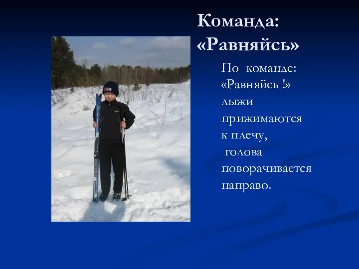 Команда: «Равняйсь» По команде: «Равняйсь !» лыжи прижимаются к плечу, голова поворачивается направо.