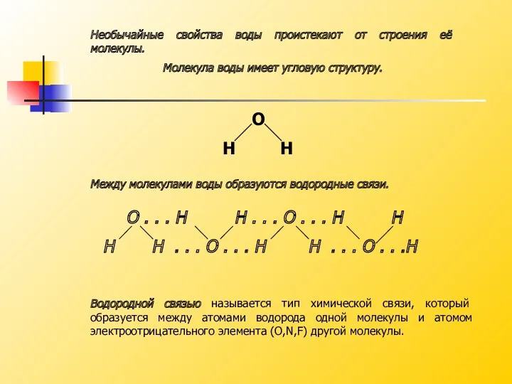 Необычайные свойства воды проистекают от строения её молекулы. Молекула воды