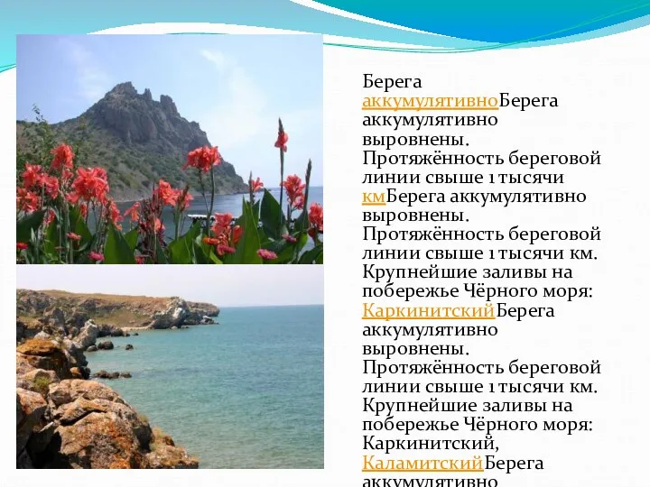 Берега аккумулятивноБерега аккумулятивно выровнены. Протяжённость береговой линии свыше 1 тысячи