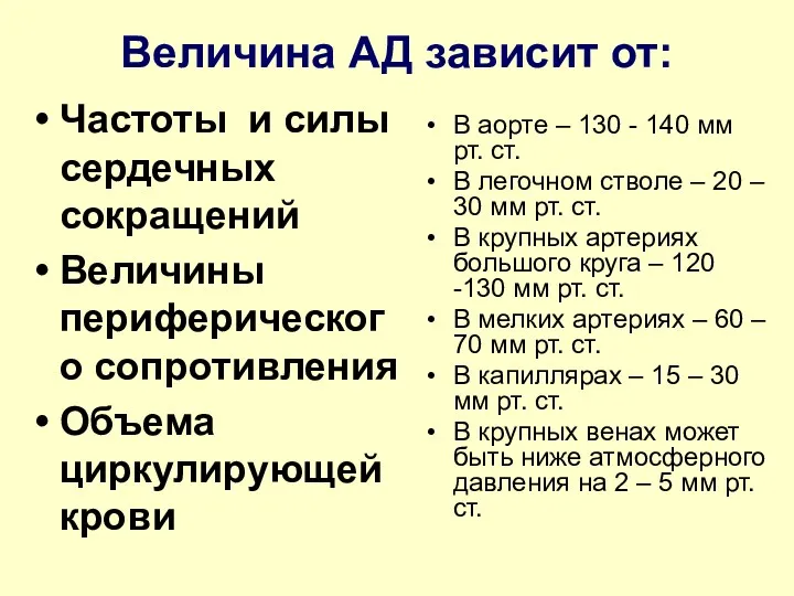 Величина АД зависит от: Частоты и силы сердечных сокращений Величины периферического сопротивления Объема