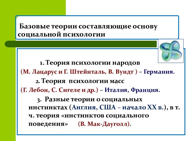 Базовые теории составляющие основу социальной психологии 1. Теория психологии народов