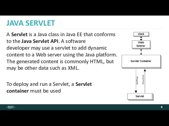 JAVA SERVLET A Servlet is a Java class in Java