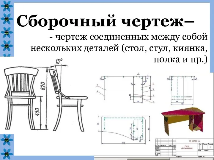 Сборочный чертеж– чертеж соединенных между собой нескольких деталей (стол, стул, киянка, полка и пр.)