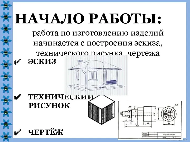 НАЧАЛО РАБОТЫ: ЭСКИЗ ТЕХНИЧЕСКИЙ РИСУНОК ЧЕРТЁЖ работа по изготовлению изделий