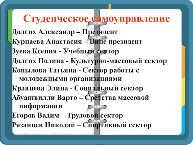 Студенческое самоуправление Долгих Александр – Президент Курнаева Анастасия – Вице