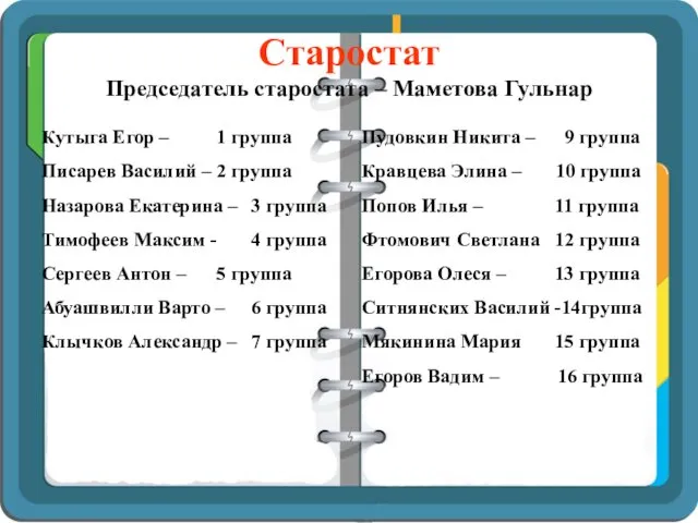 Старостат Председатель старостата – Маметова Гульнар Кутыга Егор – 1