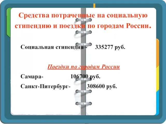 Средства потраченные на социальную стипендию и поездки по городам России.