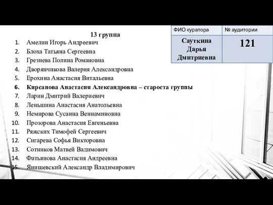 13 группа Амелин Игорь Андреевич Блоха Татьяна Сергеевна Грезнева Полина Романовна Дворянчикова Валерия