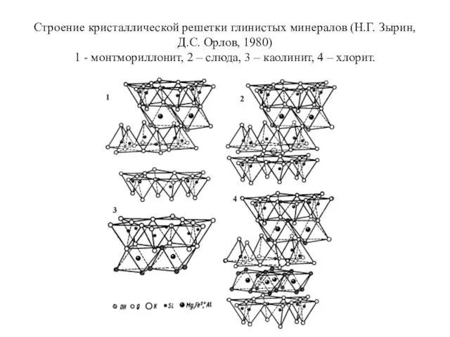 Строение кристаллической решетки глинистых минералов (Н.Г. Зырин, Д.С. Орлов, 1980)