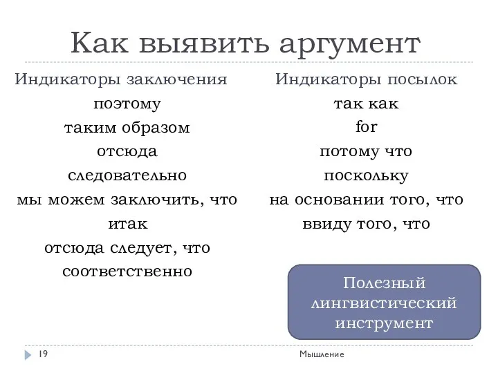 Как выявить аргумент Мышление Индикаторы заключения поэтому таким образом отсюда