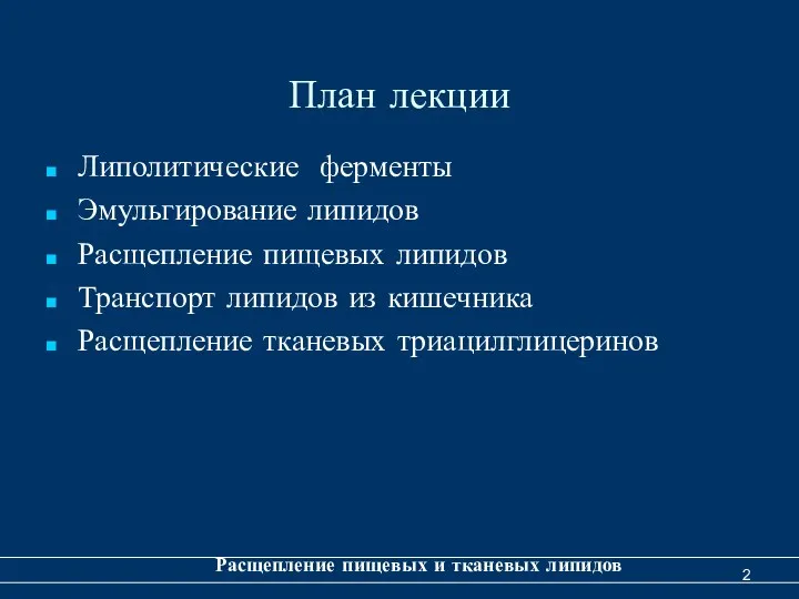 План лекции Липолитические ферменты Эмульгирование липидов Расщепление пищевых липидов Транспорт