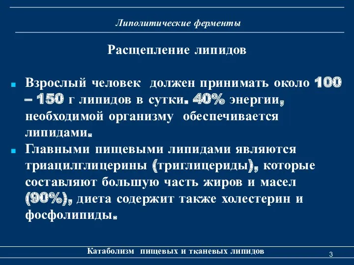 Липолитические ферменты Катаболизм пищевых и тканевых липидов Расщепление липидов Взрослый